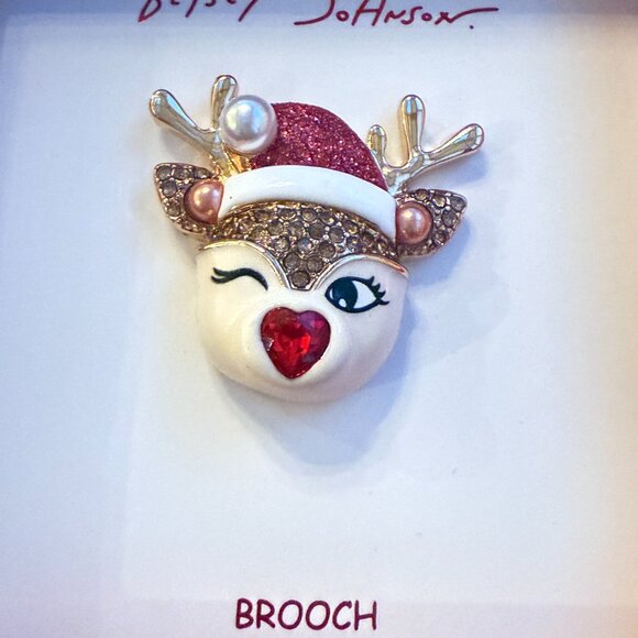 NIB Betsey Johnson Reindeer Brooch Holiday Christmas Pin Rudolph - Picture 3 of 4